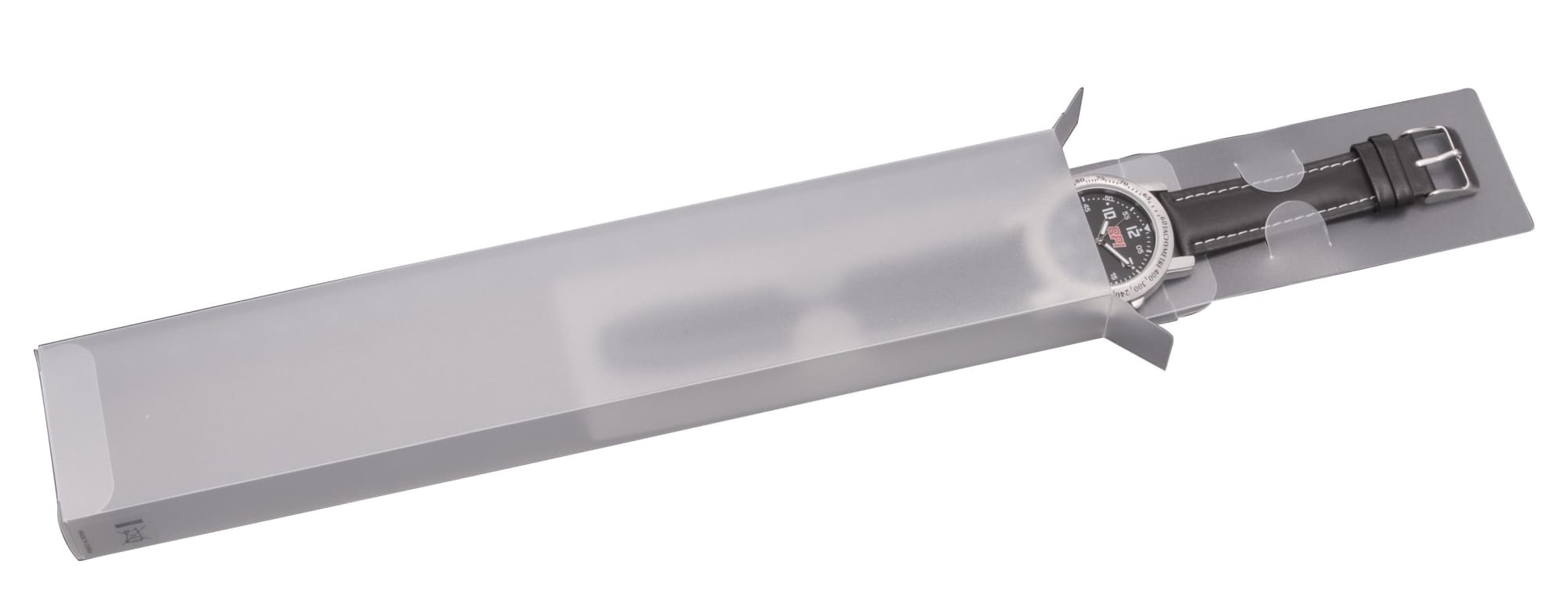 A transparent watch box in grey, featuring a sleek design with a watch partially visible inside.
