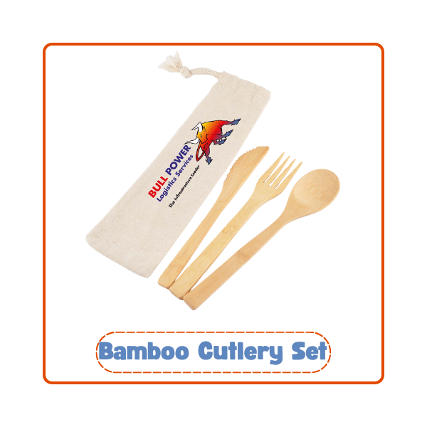 Custom-printed eco bamboo cutlery set with pouch, featured as best branded merchandise for sustainability campaigns.