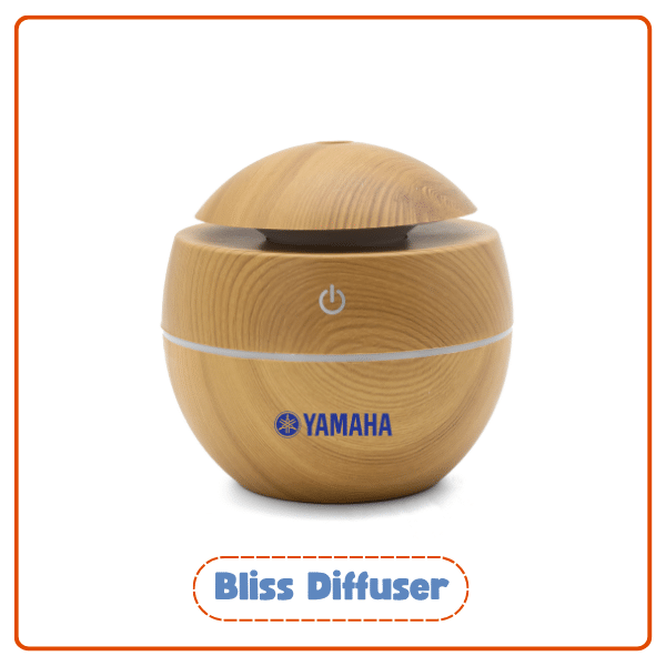 Bliss Diffuser with wood-grain finish and Yamaha logo, showcasing best branded merchandise for wellness and office gifting.