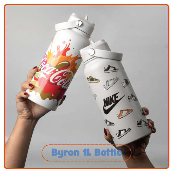 Two custom-designed Byron 1L bottles featuring Coca-Cola and Nike logos, representing best branded merchandise for hydration and style.