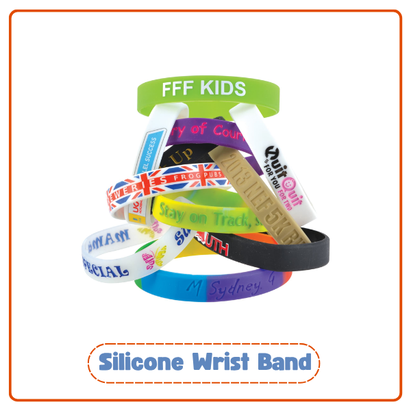 Stack of colorful silicone wristbands with various logo prints, highlighting best branded merchandise for events and promotions.