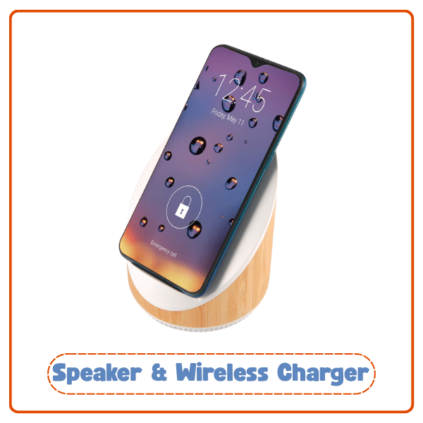 Modern bamboo speaker and wireless charger with smartphone, an innovative choice for best branded merchandise in tech.