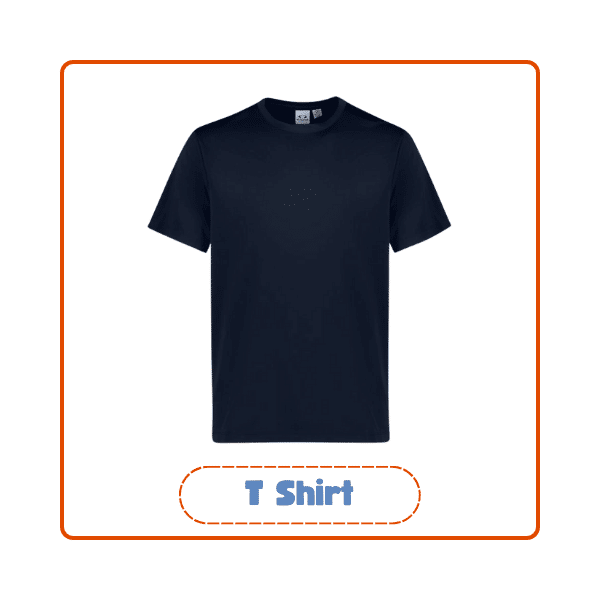 Navy blue crew-neck T-shirt featured in a product frame labeled T Shirt, part of the best branded merchandise for everyday marketing apparel.