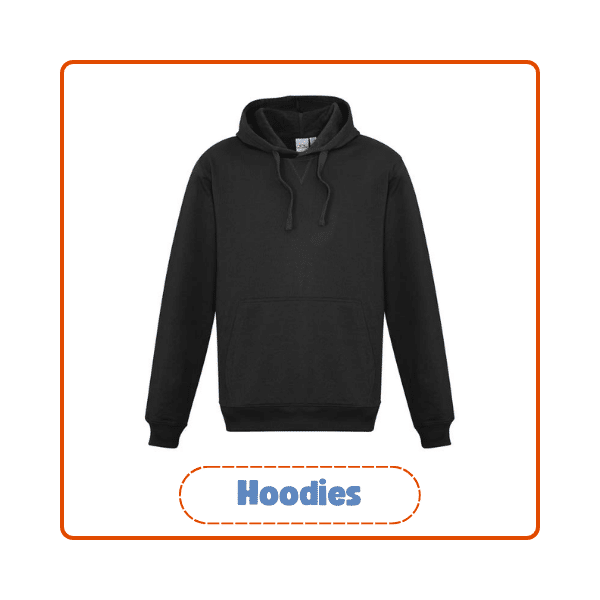 Plain black hoodie with drawstrings displayed in a product frame labeled Hoodies, representing best branded merchandise for casual wear