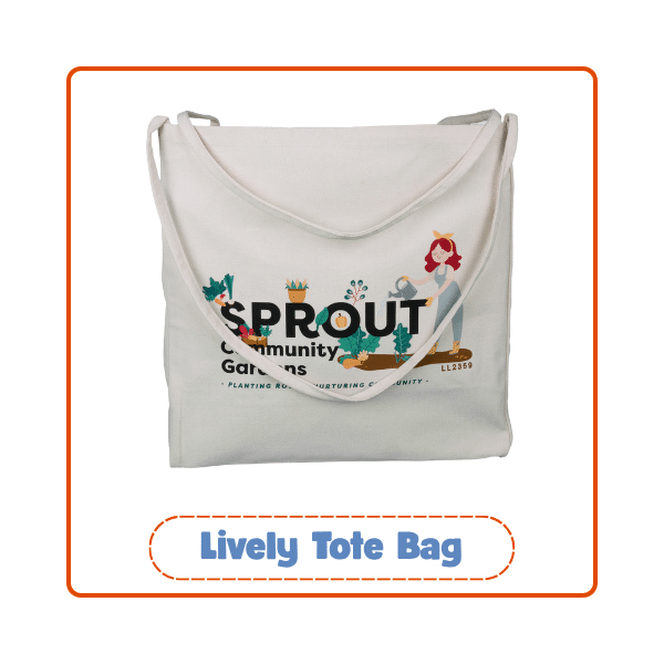 Canvas tote bag with Sprout Community Gardens branding, representing best branded merchandise for eco-friendly promotions.