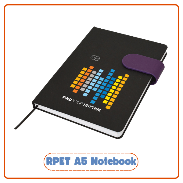 Eco-friendly RPET A5 notebook with bold ‘Find Your Rhythm’ cover, part of the best branded merchandise for sustainable office giveaways.