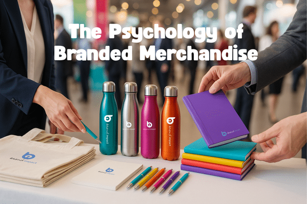 Trade show table with colourful branded merchandise including water bottles, notebooks, pens, and tote bags featuring Brand Impact logo, illustrating best branded merchandise and the psychology behind promotional giveaways