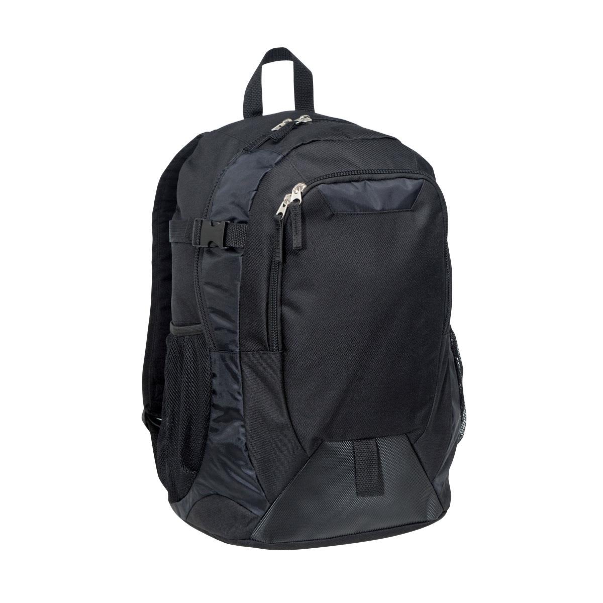 A black laptop backpack featuring multiple compartments, zippers, and side mesh pockets. It has a branding logo.