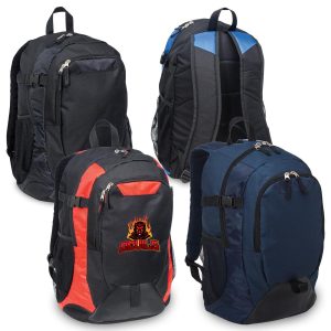 A collection of four laptop backpacks in black, navy, and red, featuring various designs and a logo on one.