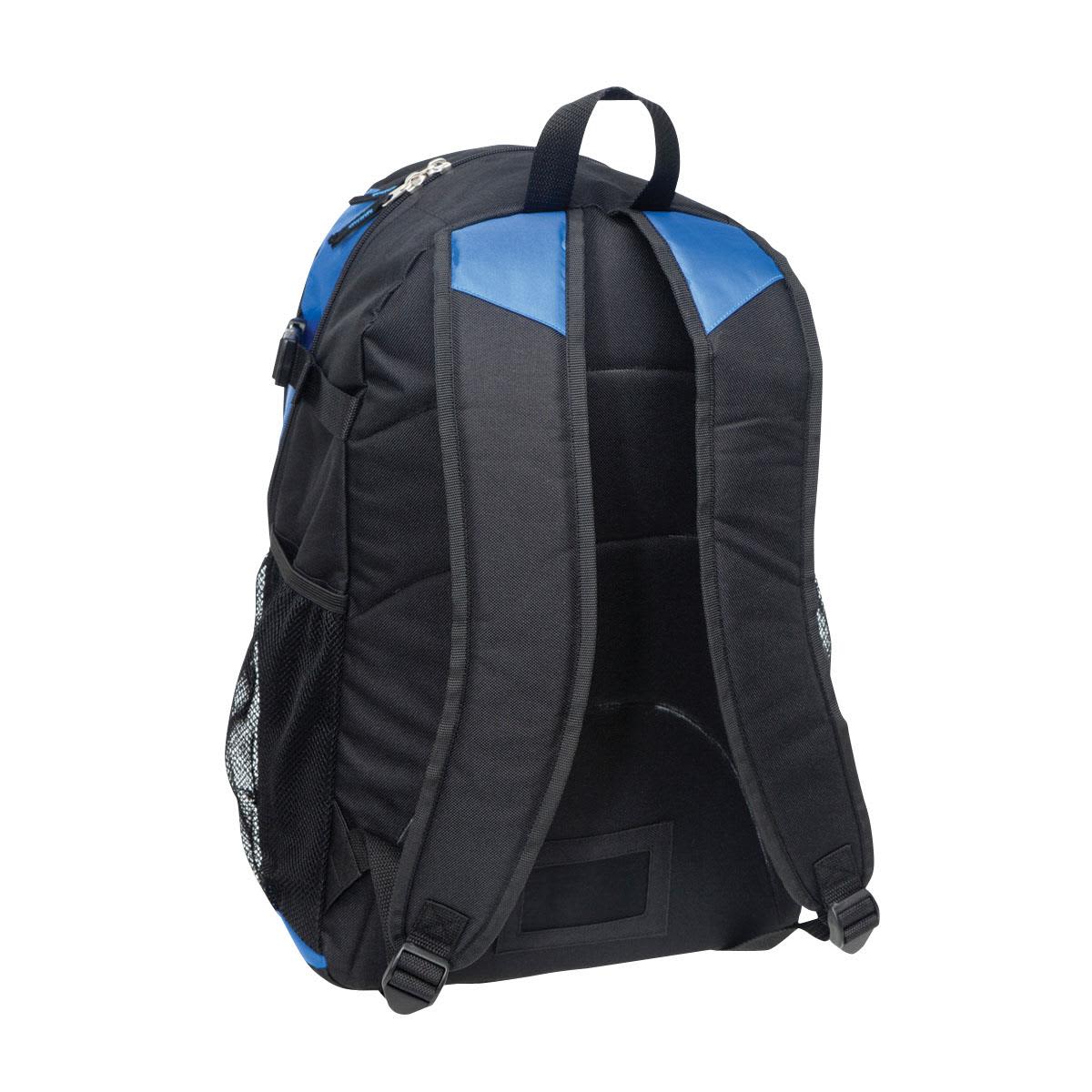 A black laptop backpack with blue accents, featuring padded straps and mesh side pockets.