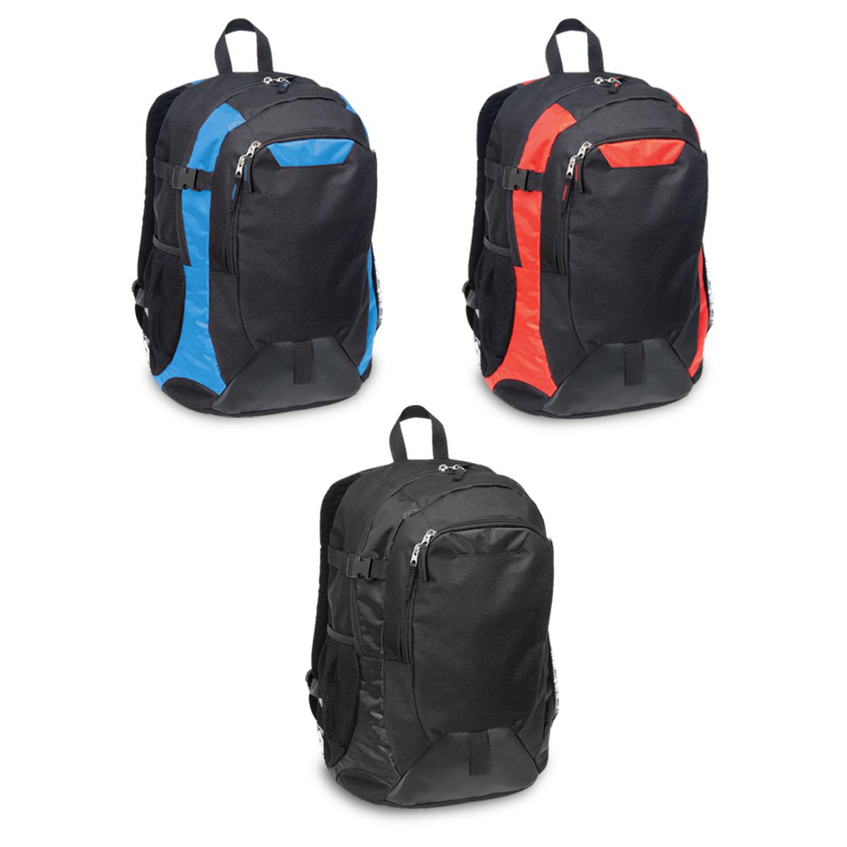 Three Boost Laptop Backpacks in black, blue, and red, featuring zippers and adjustable straps. Each has a logo.