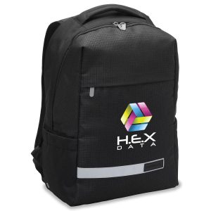 A black laptop backpack with a logo on the front and reflective strip. Features a sleek, modern design.