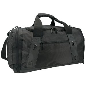 A black duffle bag featuring multiple zippered compartments and a shoulder strap, with a logo on the side.