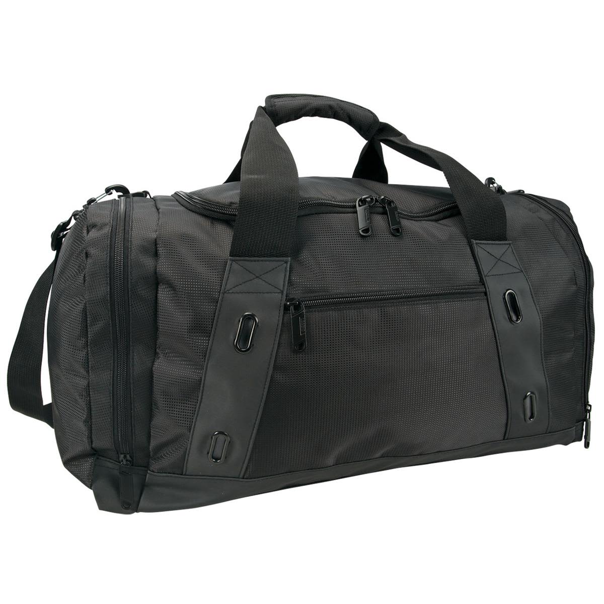 A black duffle bag featuring multiple zippered compartments and a shoulder strap, with a logo on the side.
