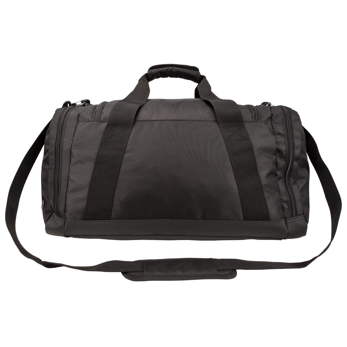 A black duffle bag with multiple straps and a padded handle, featuring a logo on the side.