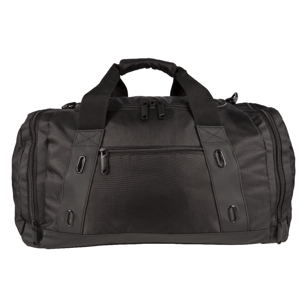 A black duffle bag featuring dual handles, front and side pockets, and a logo.