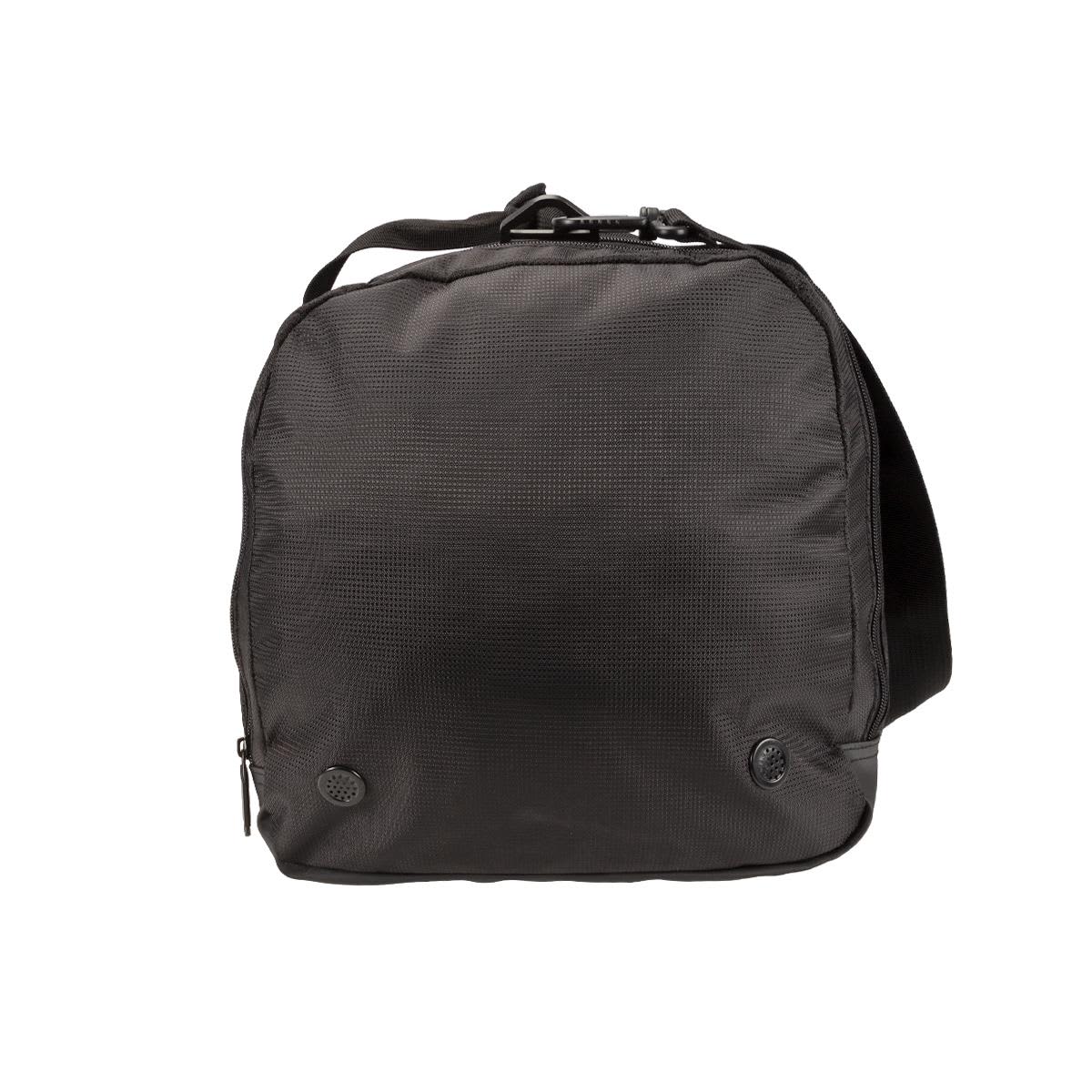 A black duffle bag with a textured surface, featuring a shoulder strap and a logo on the front.