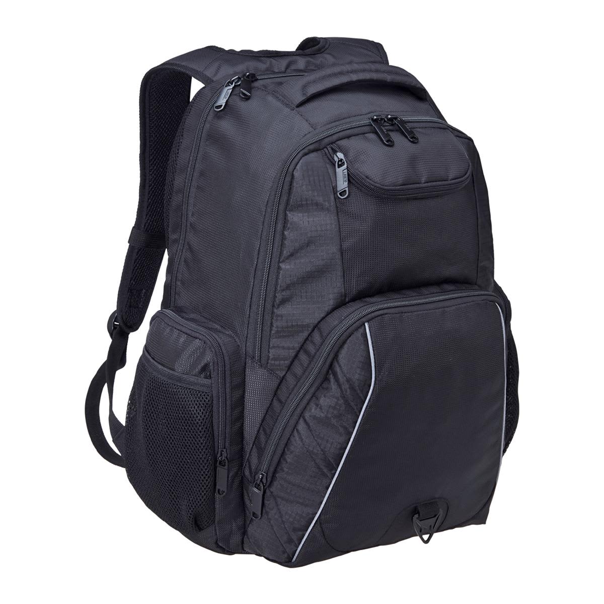 A black laptop backpack featuring multiple compartments and a mesh side pocket. It has a logo on the front.
