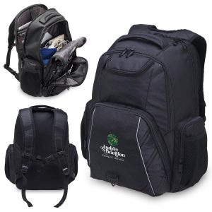 A black laptop backpack featuring multiple compartments and pockets, including side mesh pockets and a logo.