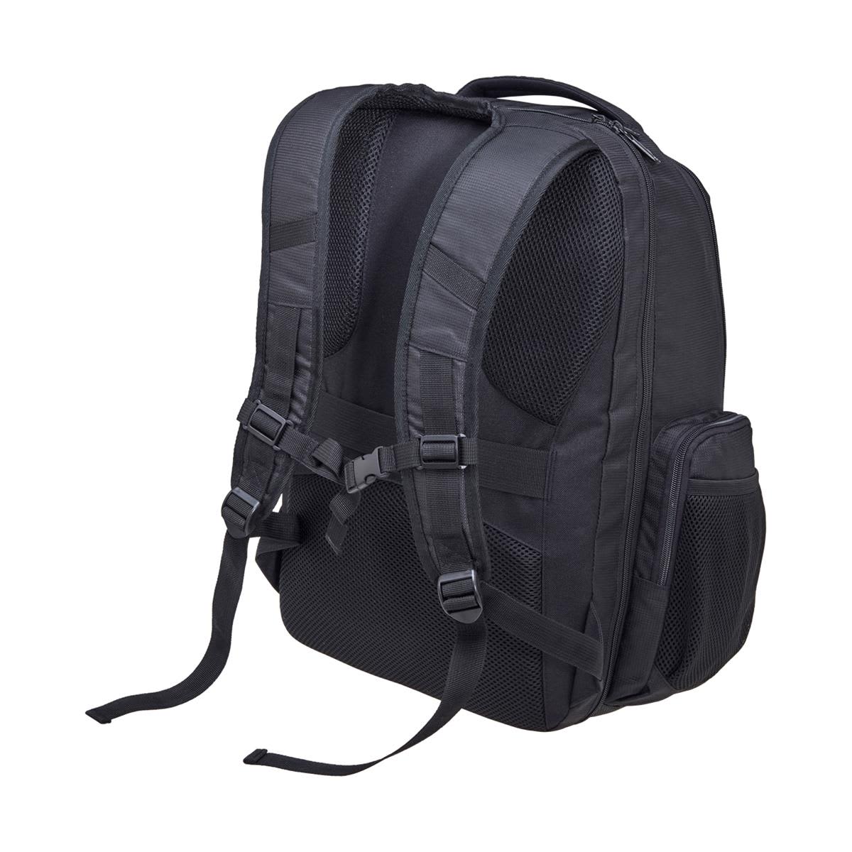 A black laptop backpack featuring padded shoulder straps and mesh panels, designed for comfort and ventilation.