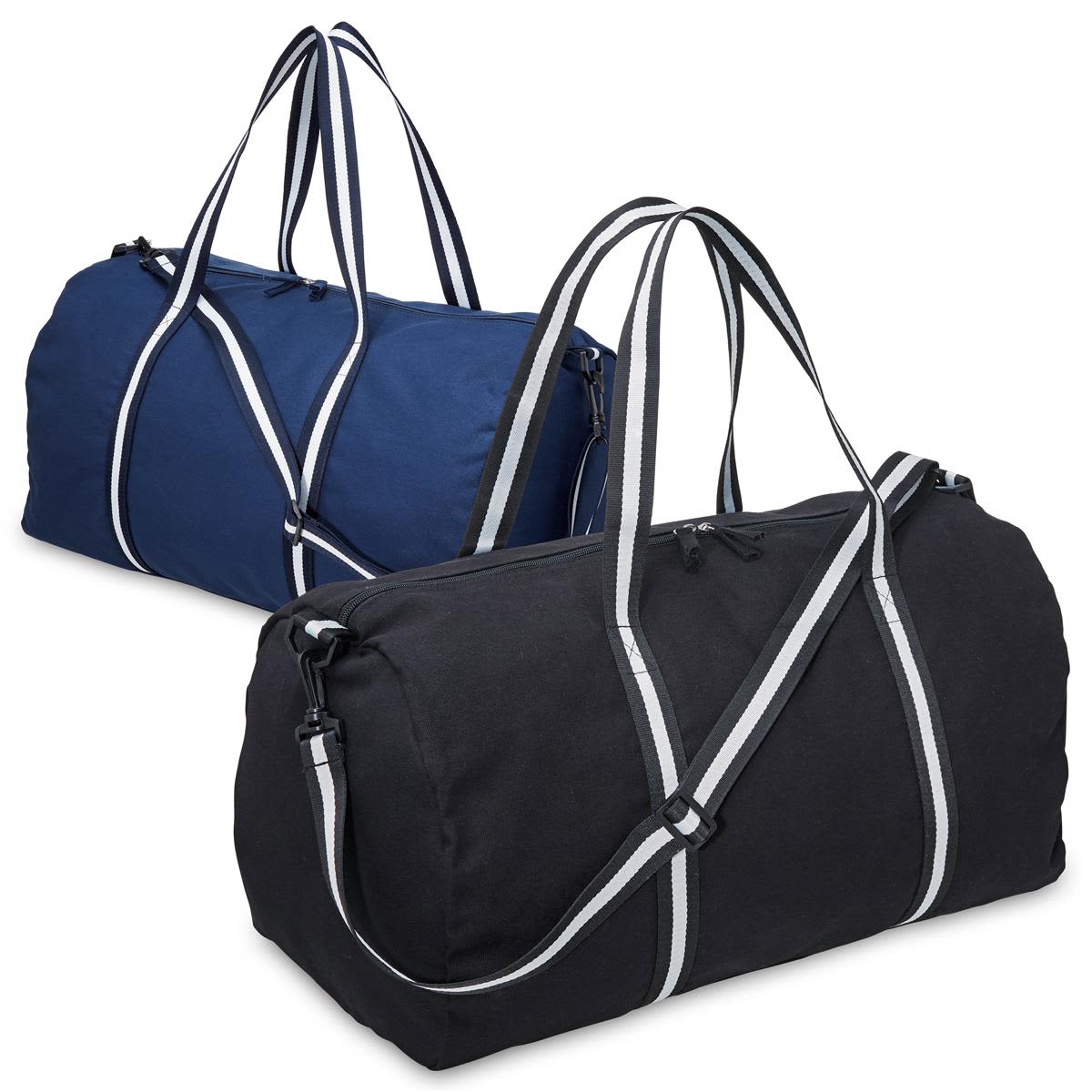 A canvas duffle bag in black and one in navy blue, both featuring contrasting striped handles and a logo.