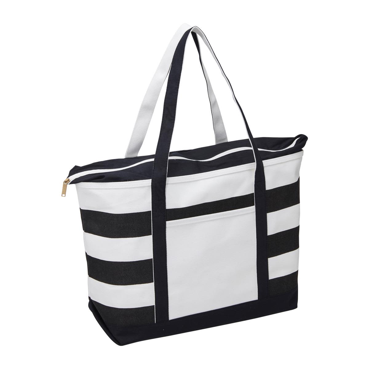 A striped black and white premium boat tote bag with sturdy handles and a zippered closure.