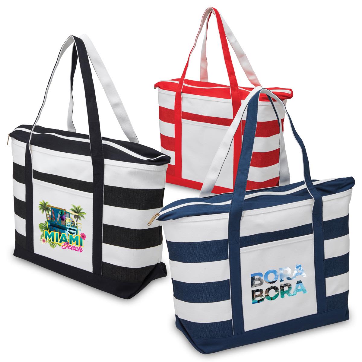A red, navy, and black striped tote bag with a logo on each variant. Each bag features sturdy handles and a zip closure.