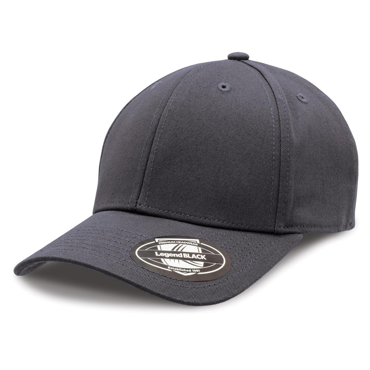 A black cap with a curved brim and a logo on the front, featuring a structured design.