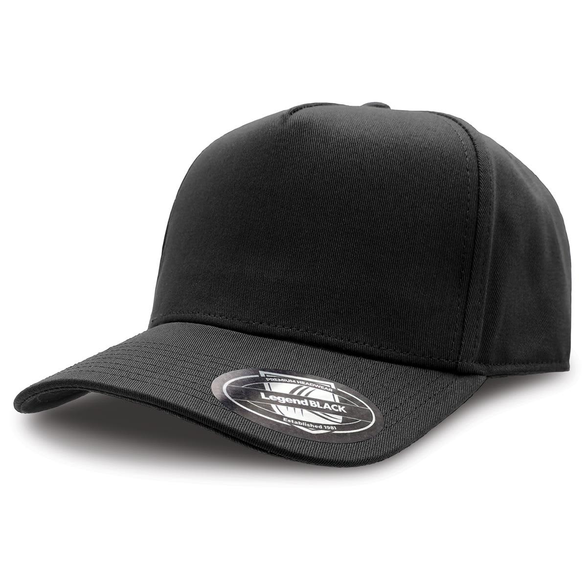 A black A-Frame cap featuring a curved brim and a logo on the side.