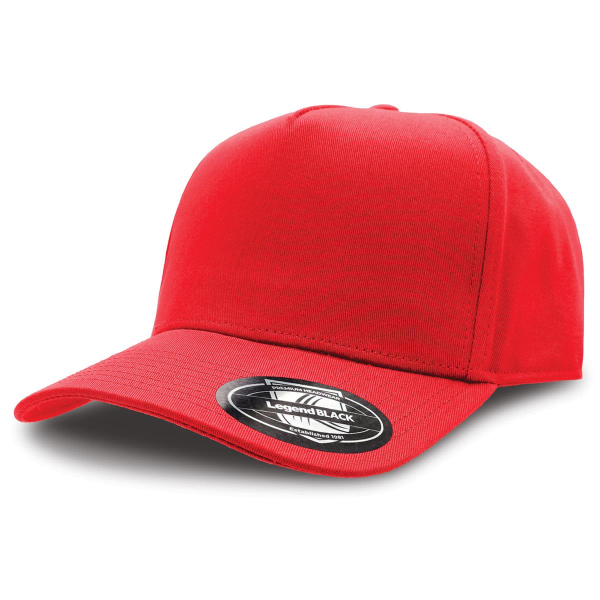 A red baseball cap featuring a curved visor and a logo on the front.
