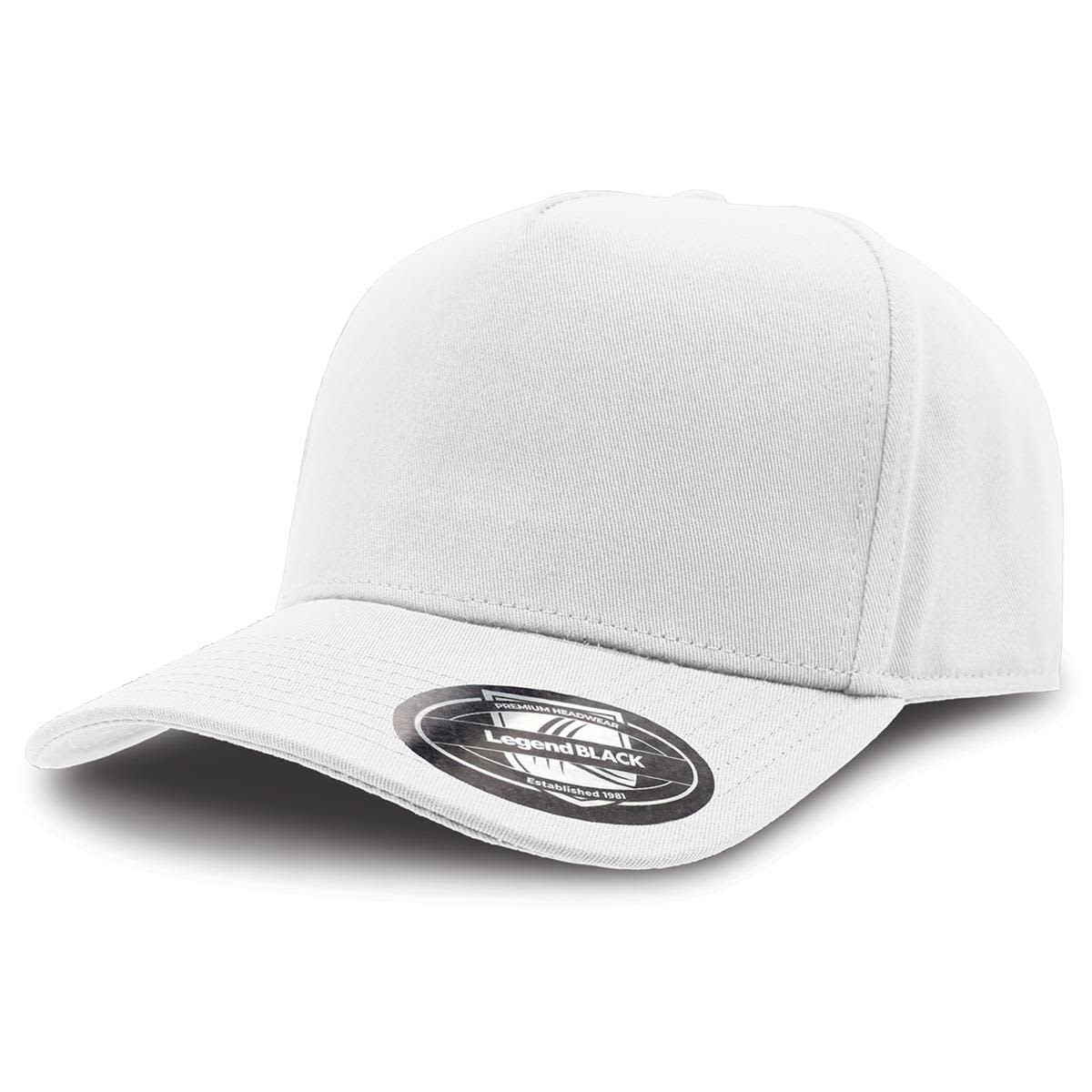 A white A-Frame cap with a structured crown and a curved brim, featuring a logo on the side.