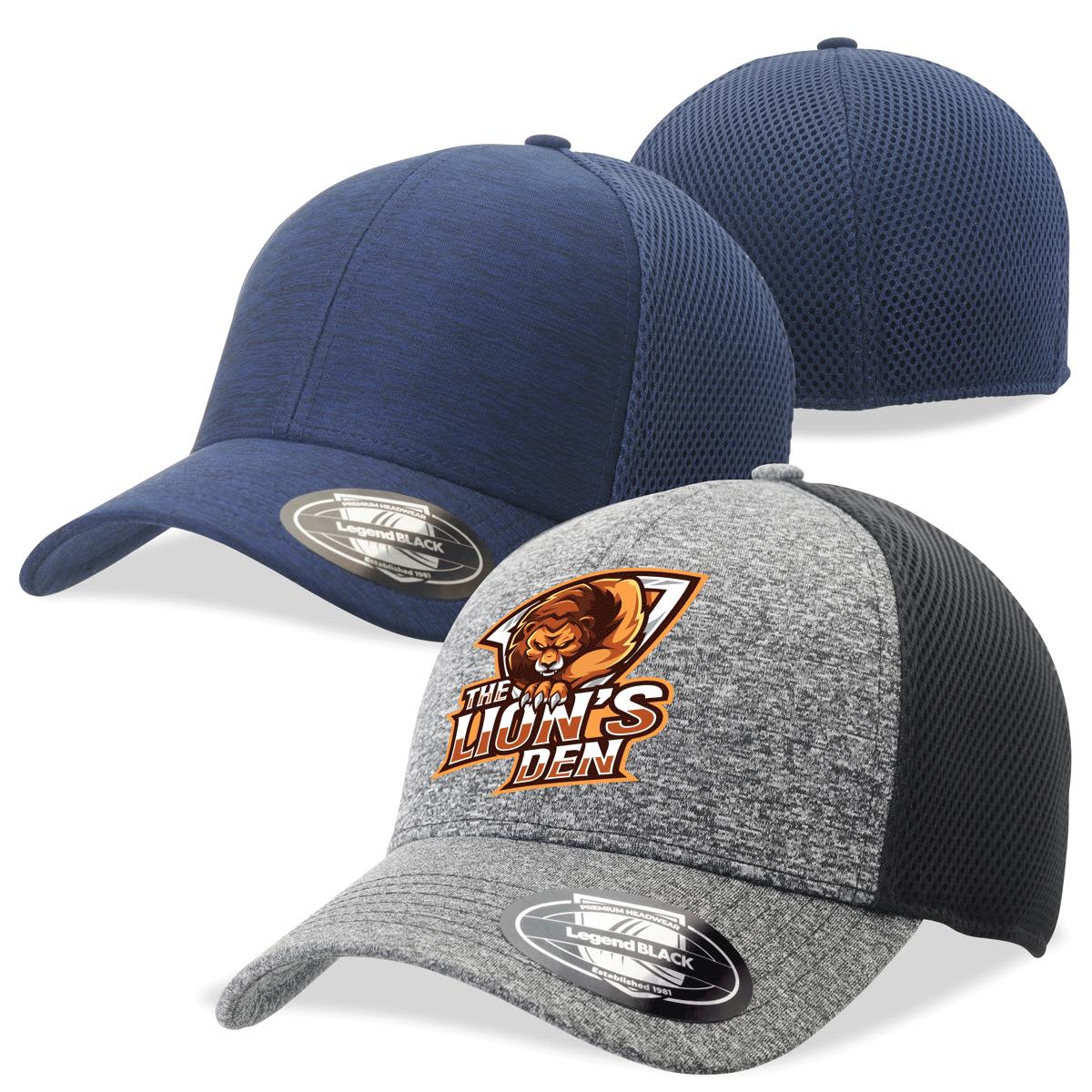 Three trucker caps in navy blue, dark grey, and light grey with mesh backing; one features a logo.