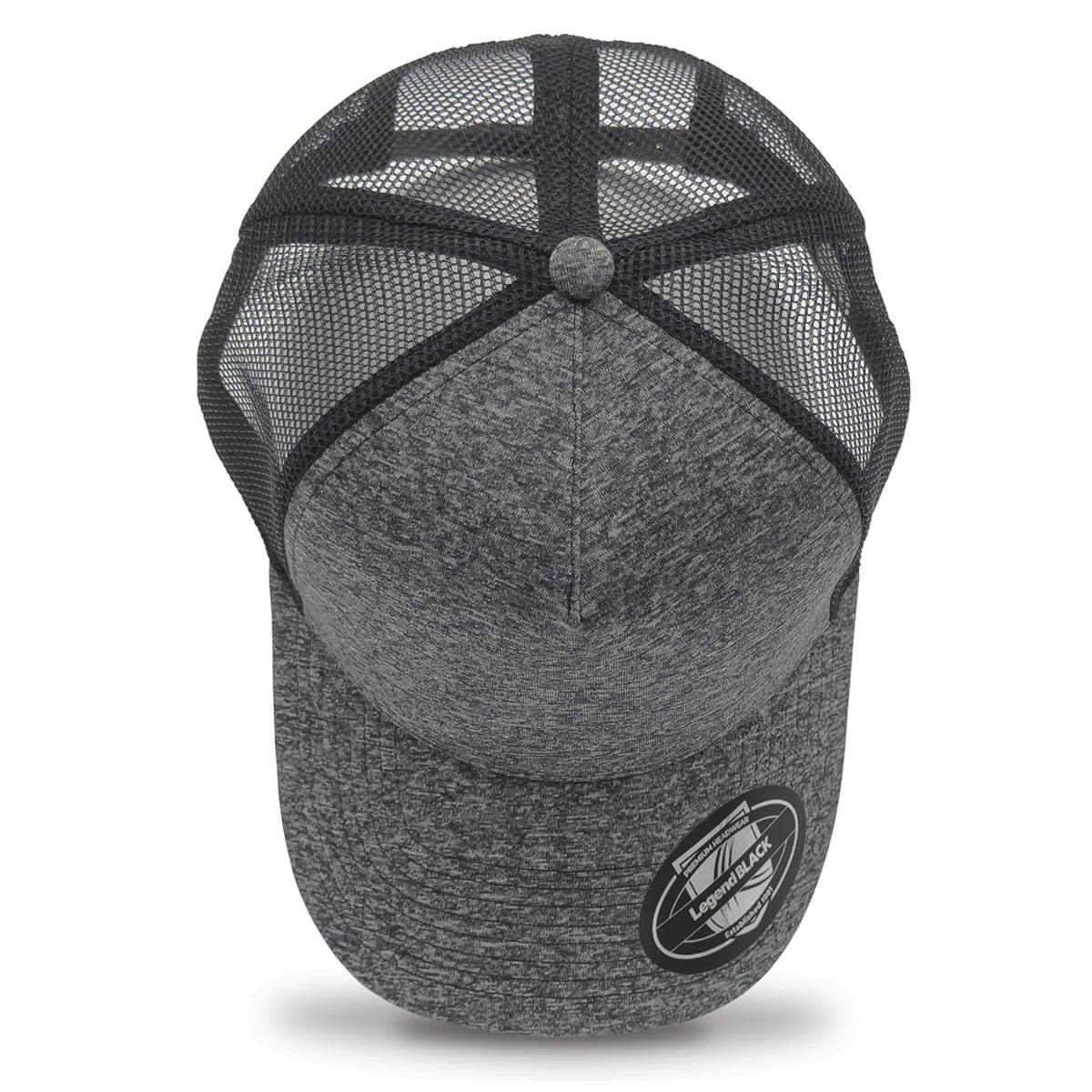 A grey trucker cap featuring a mesh back and a rounded peak, complete with a logo.
