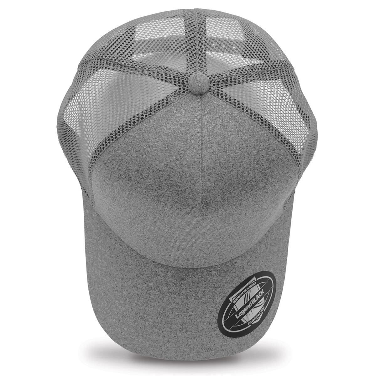 A grey trucker cap featuring a mesh back and a circular logo on the front.