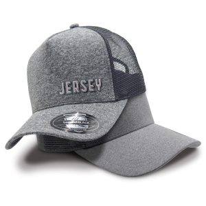 A grey trucker cap with a mesh back featuring a logo and a curved brim.