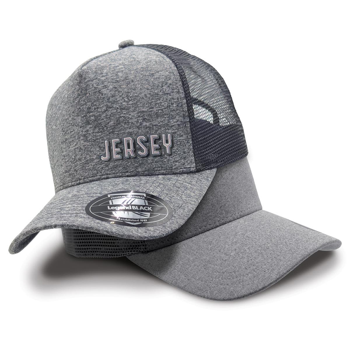 A grey trucker cap with a mesh back featuring a logo and a curved brim.
