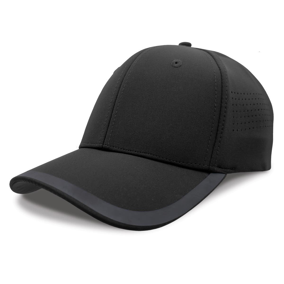 A black cap with a solid design and a sleek visor, featuring ventilation details and a logo.