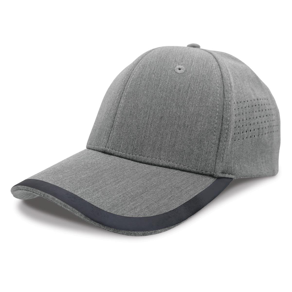 A cap in grey with a textured design and a black accent on the brim, featuring ventilation details on the side.