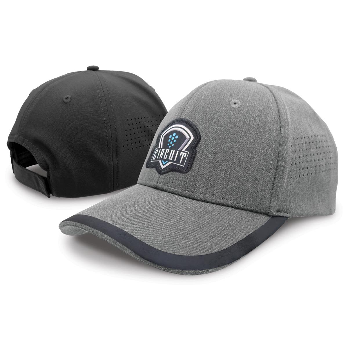 A grey cap with a logo featured on the front and a black back, designed for comfort and style.