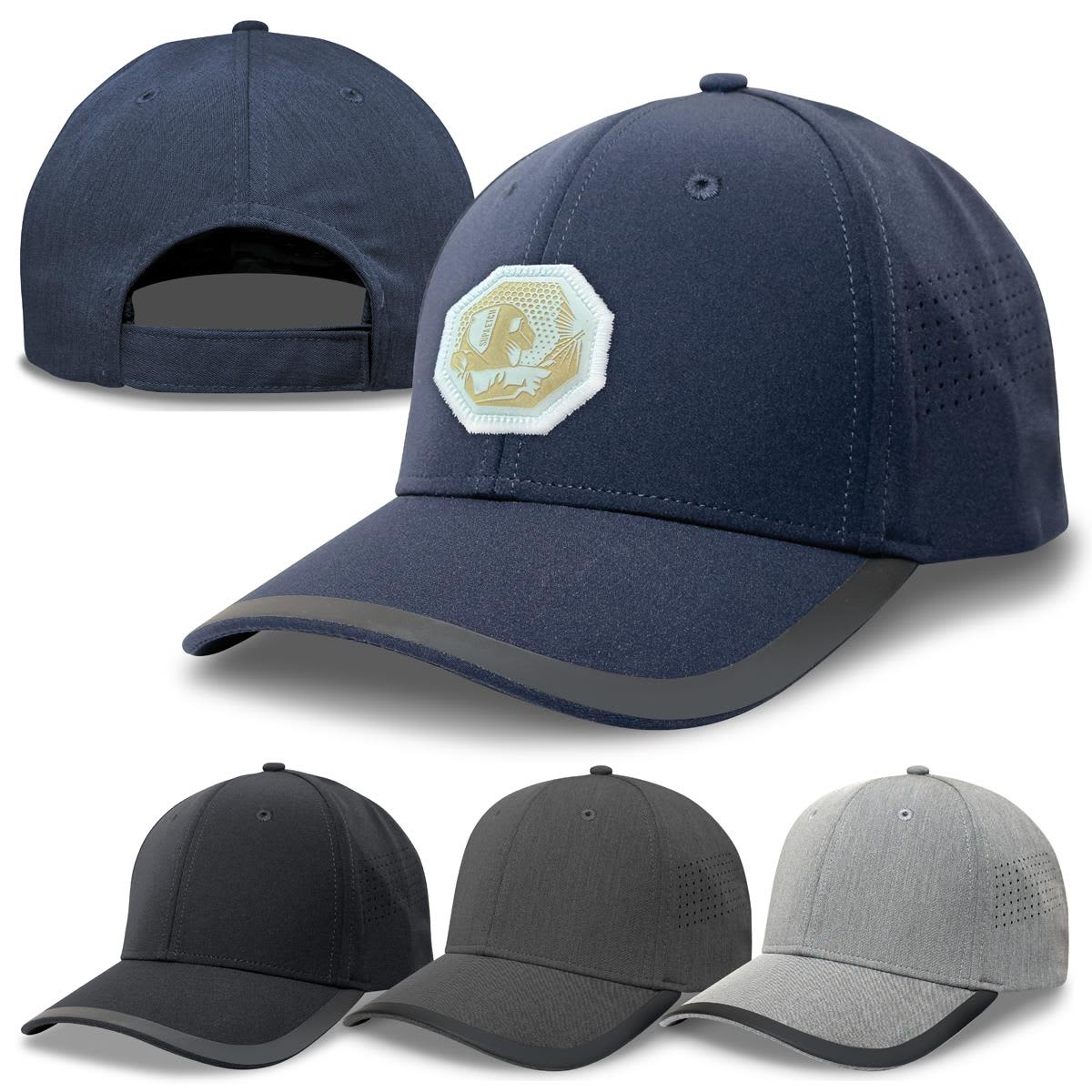 A navy cap with a logo, featuring black, grey, and light grey options, showcasing a sleek design and curved brim.