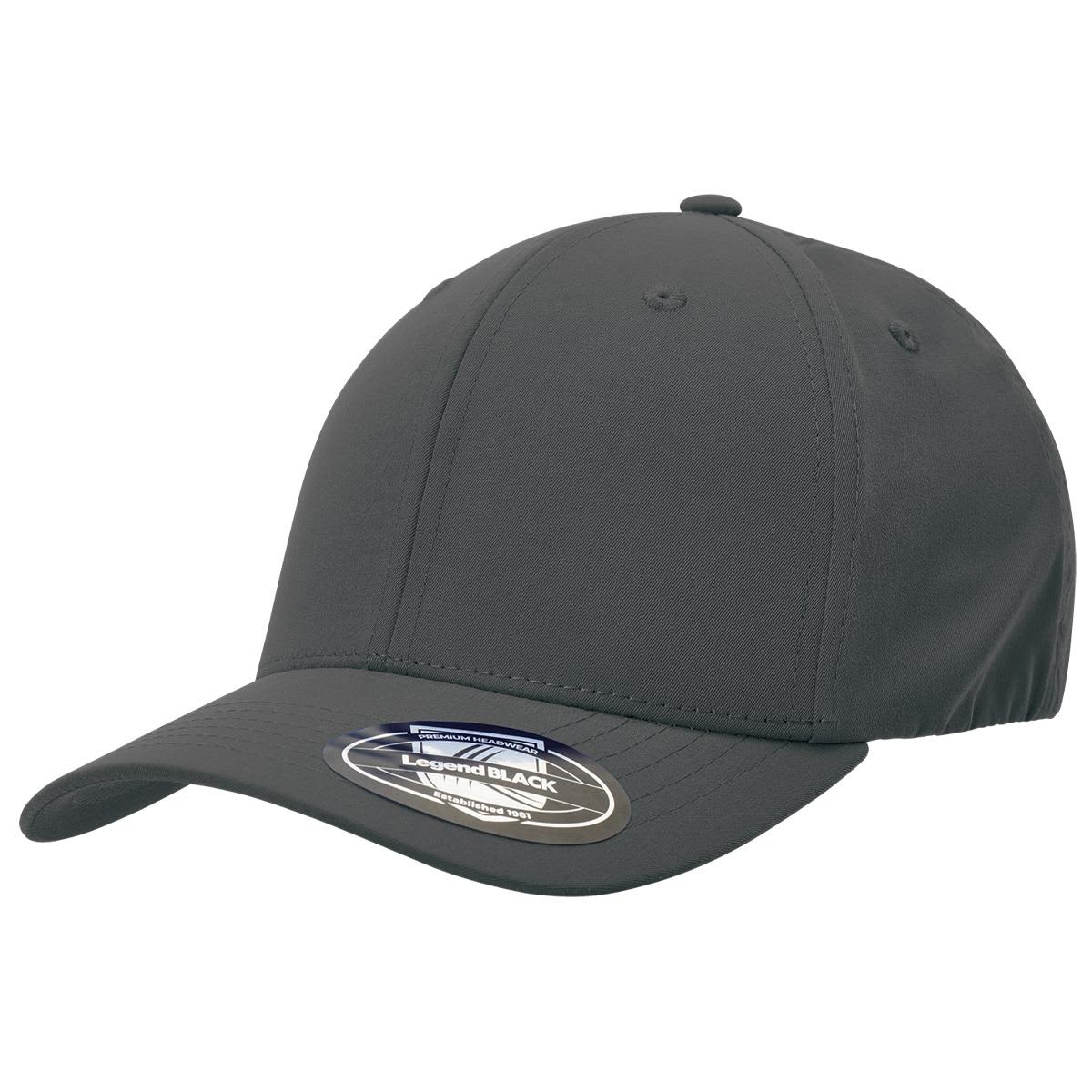 A grey cap with a curved brim and an adjustable back, featuring a logo on the side.