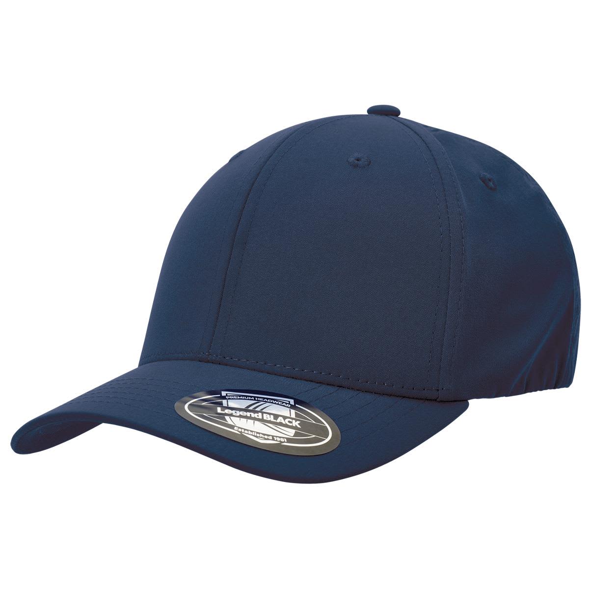 A navy blue cap with a curved brim and a logo on the side.