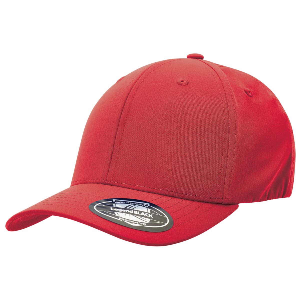 A red cap with a curved brim and an adjustable strap at the back, featuring a logo on the side.