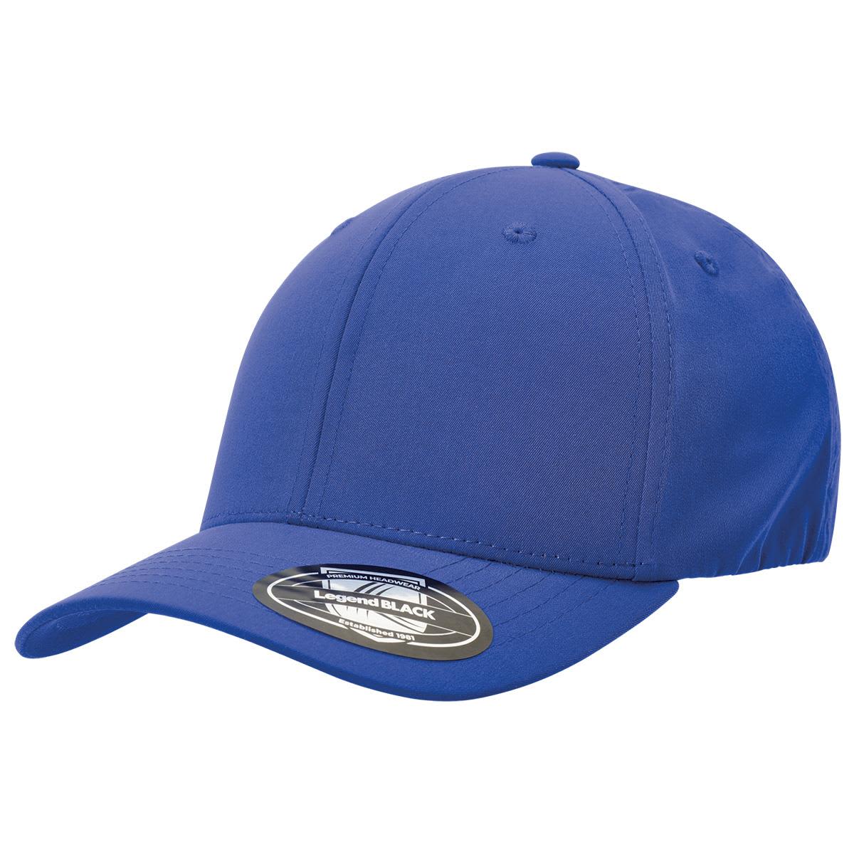 A blue cap with a curved brim, featuring a logo on the side and a smooth fabric finish.