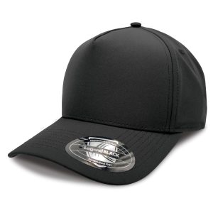 A black cap with a curved brim, featuring a logo and a fitted design.