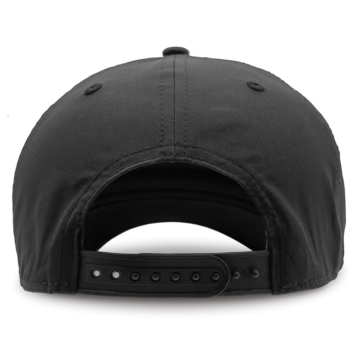 A black cap with an adjustable strap at the back, featuring a logo.