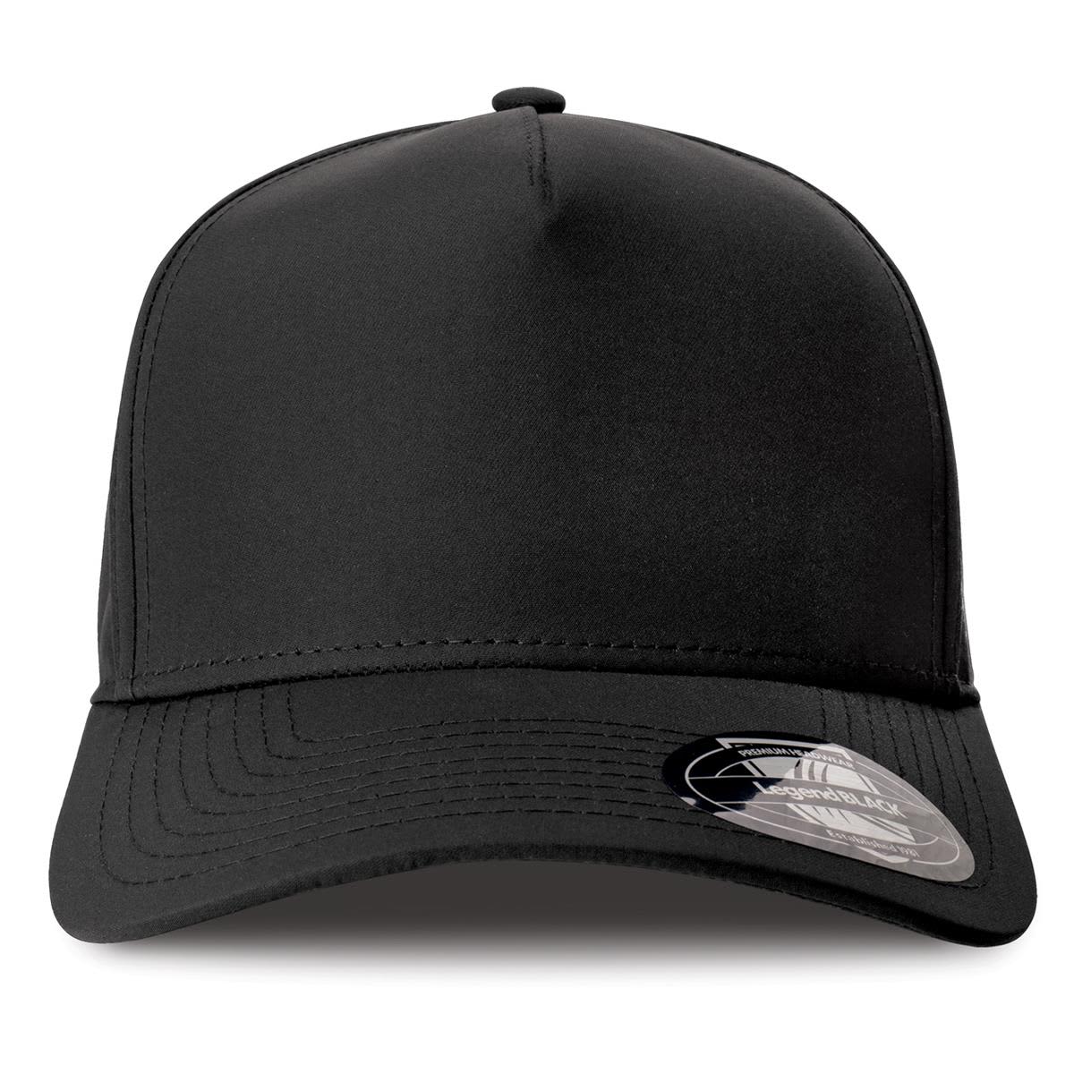 Black cap with a structured design and a logo on the side. Suitable for various outdoor activities.
