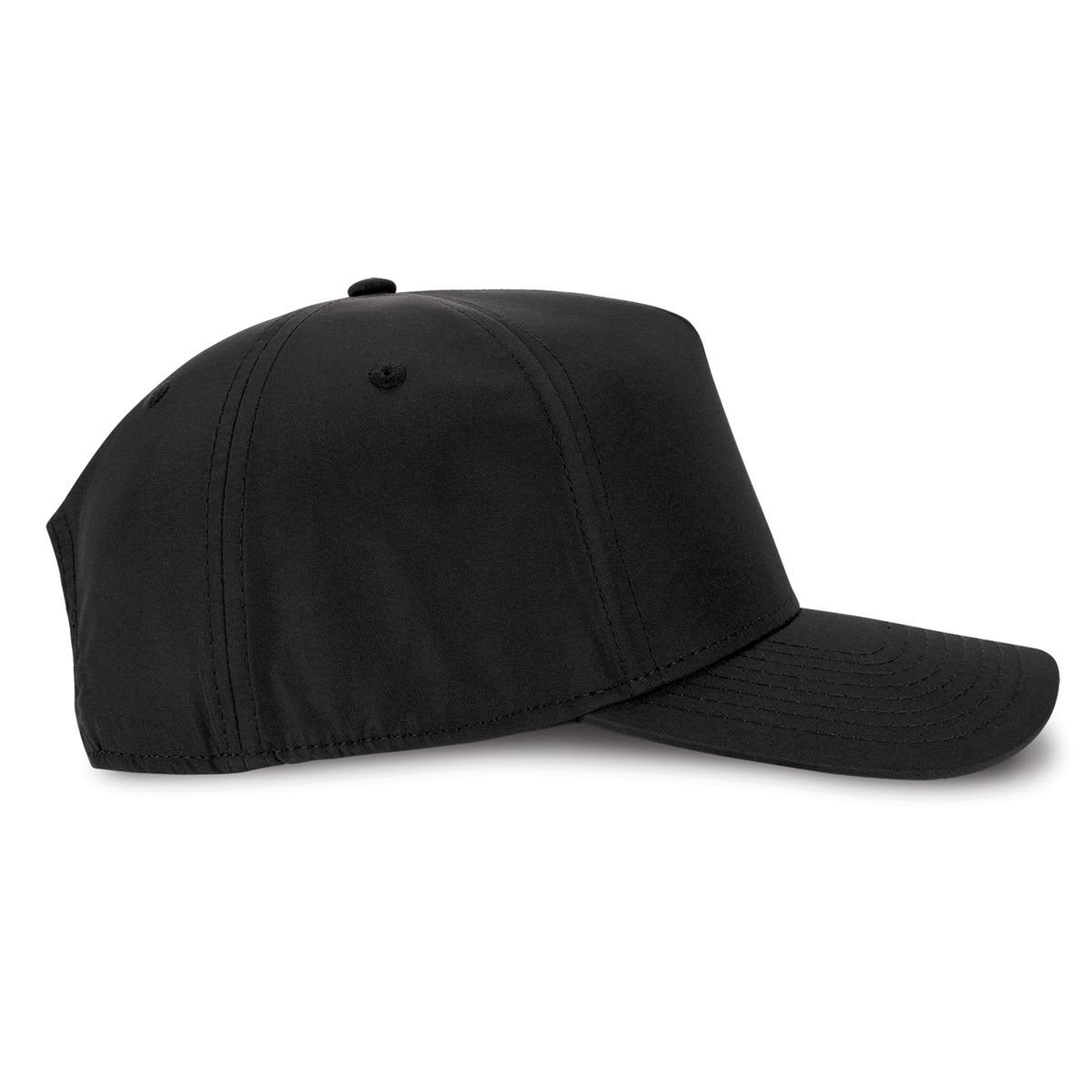 A black cap with a curved peak, featuring a simple design and a logo on the front.