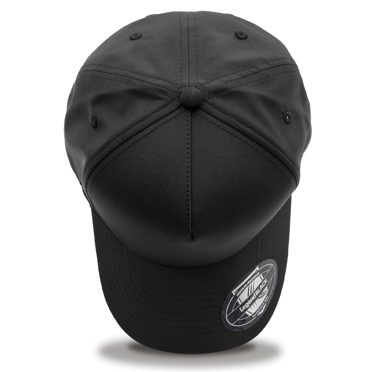 A black cap with a curved brim and a logo on the side, featuring six panels and vent eyelets.