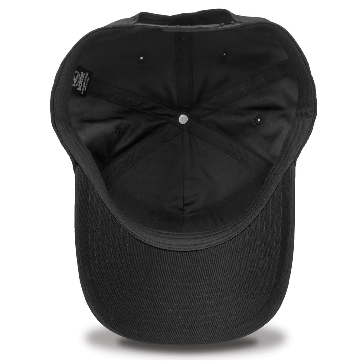 A black cap with a curved brim, featuring an interior view showcasing the lining and stitching details.